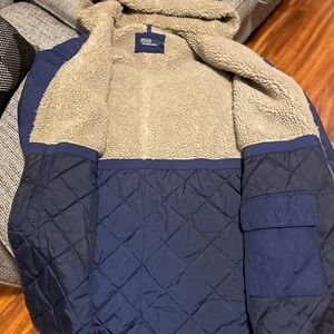 Men navy blue 3/4 length hooded polo coat, 2 large outside pockets, 1 inside.